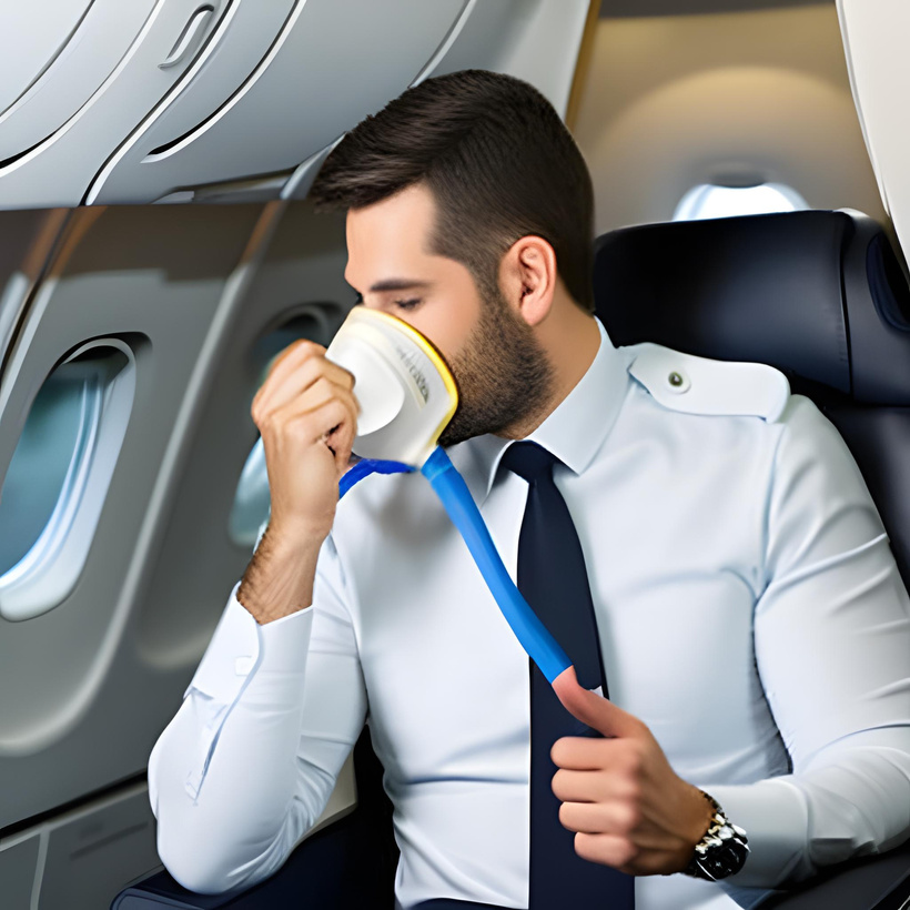 Man on airplane with oxygen mask on his face